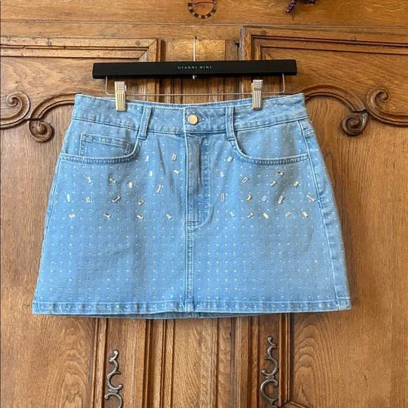 NWT Gianni Bini Rhinestone Mini Denim Skirt - Picture 2 of 12
